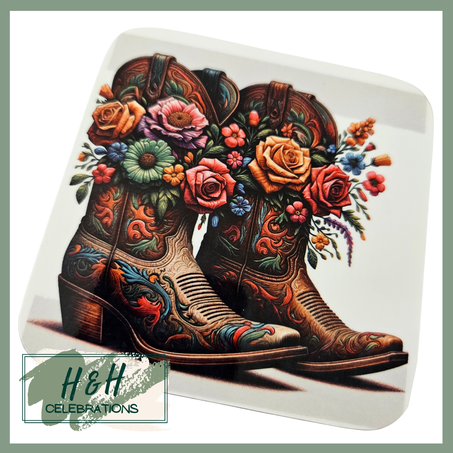 Brown Floral Cowboy Boots MDF Coaster - Design 2