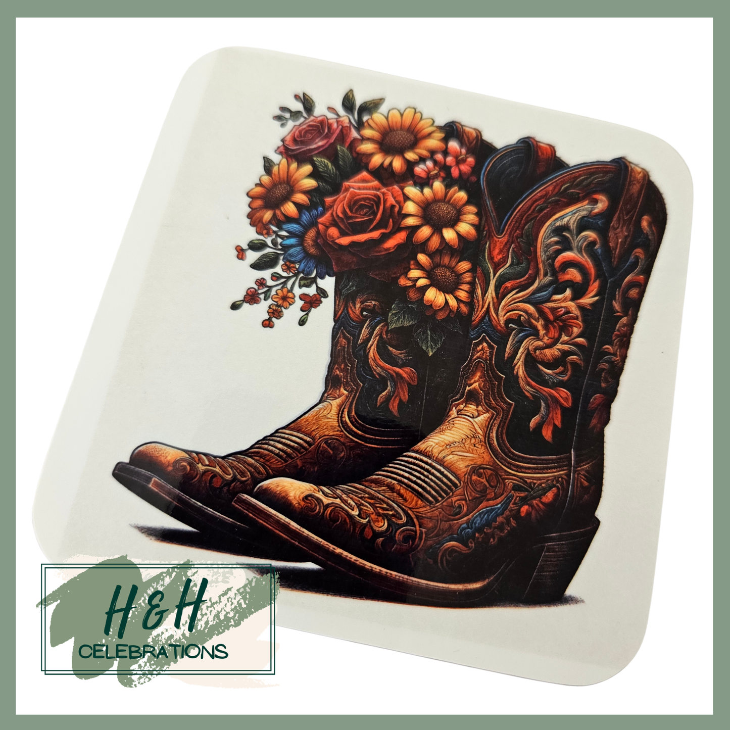 Brown Floral Cowboy Boots MDF Coaster - Design 3