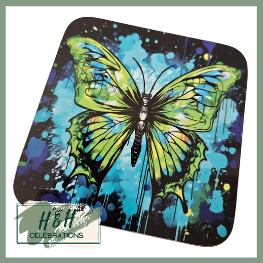 Green And Blue Butterfly MDF Coaster - Design 1