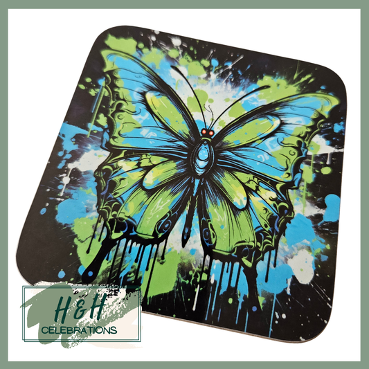 Green And Blue Butterfly MDF Coaster - Design 3