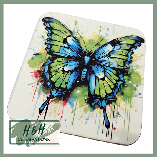 Green And Blue Butterfly MDF Coaster - Design 4