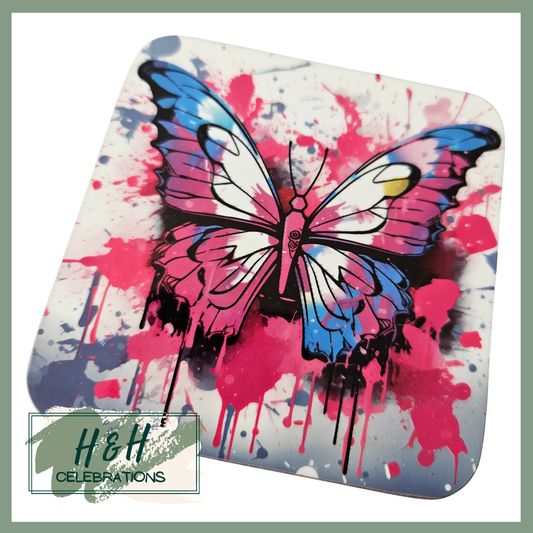 Pink Watercolour Splash Butterfly MDF Coaster - Design 2