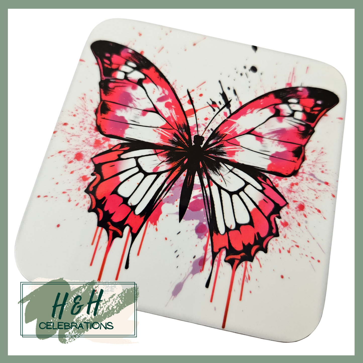 Pink Watercolour Splash Butterfly MDF Coaster - Design 4