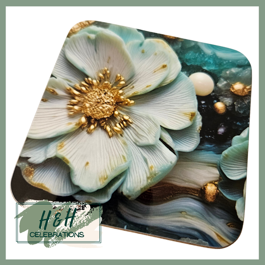 Teal Floral Print MDF Coaster - Design 2