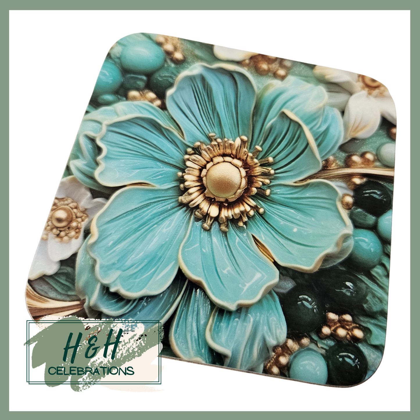 Teal Floral Print MDF Coaster - Design 3