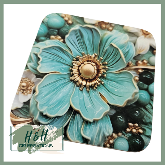 Teal Floral Print MDF Coaster - Design 3