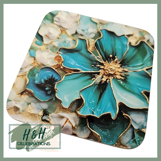 Teal Floral Print MDF Coaster - Design 4