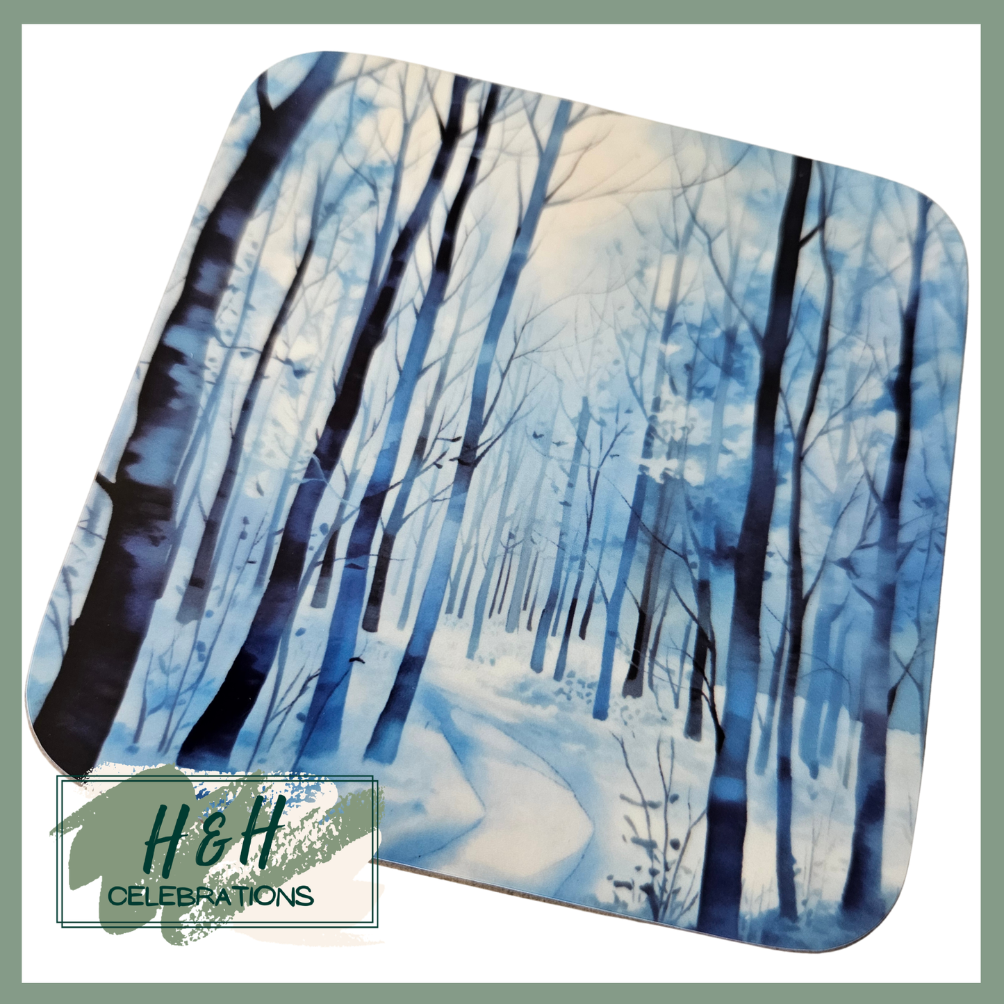 Winter Woodlands Blue And White Print MDF Coaster - Design 4