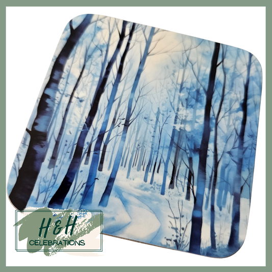 Winter Woodlands Blue And White Print MDF Coaster - Design 4