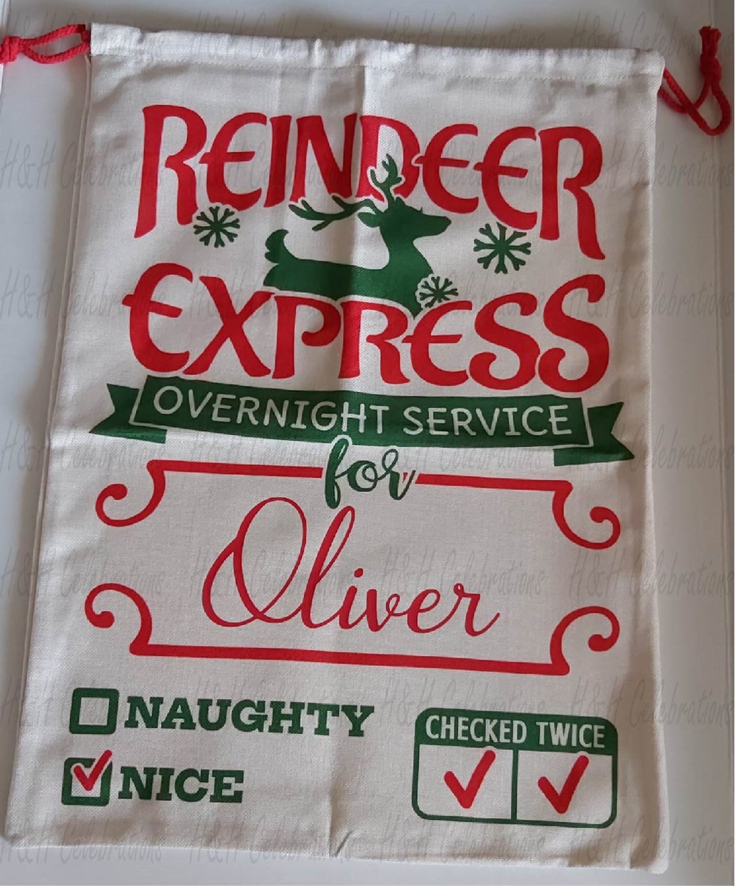Personalised Reindeer Express Christmas Drawstring Sack