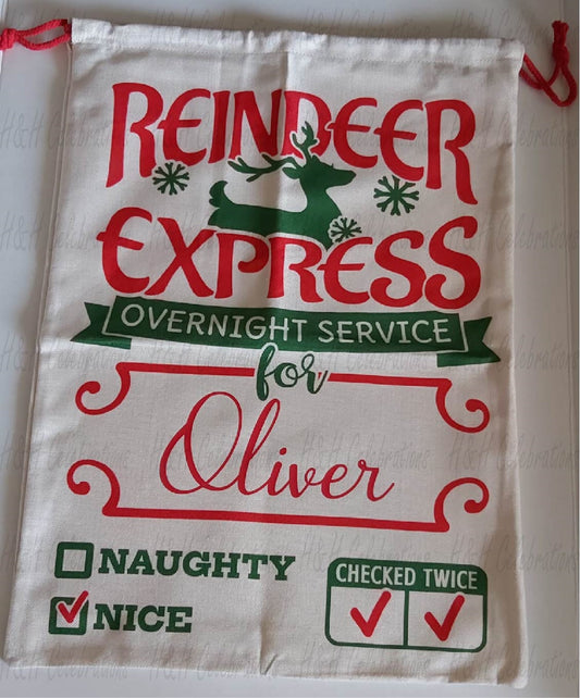Personalised Reindeer Express Christmas Drawstring Sack