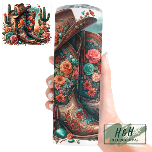 Floral Cowgirl Boot & Hat 20oz Skinny Tumbler