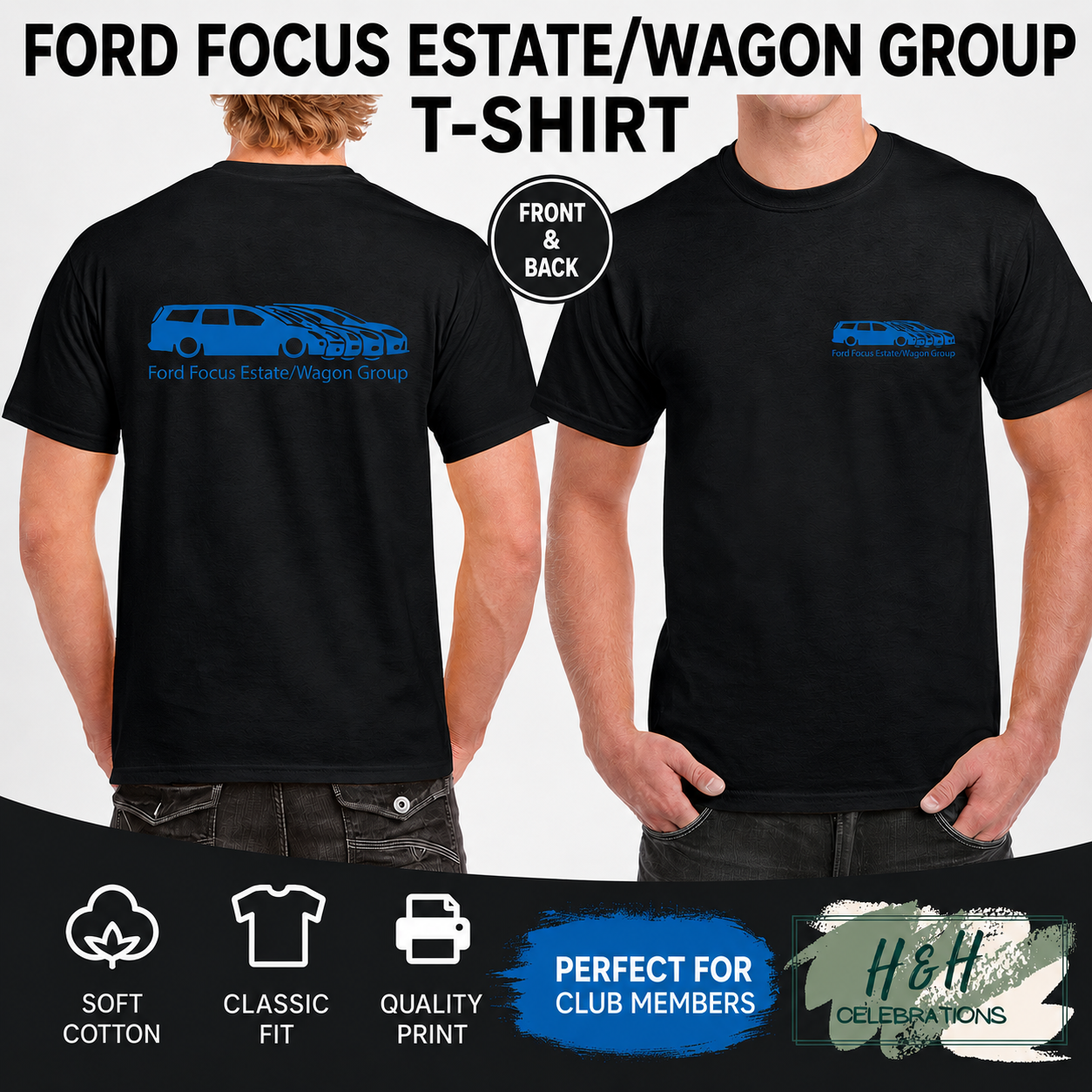 Black t-shirt with blue graphic of Ford Focus Estate/Wagon Group on front and back, worn by a person.