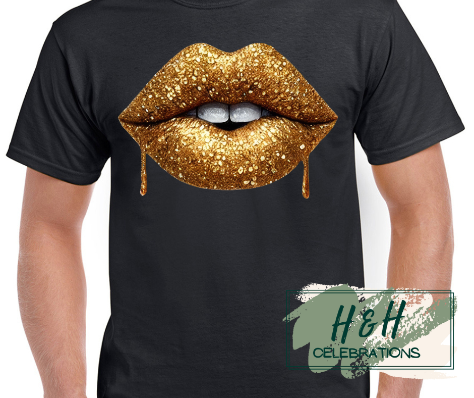 Gold Glitter Lips Womens T-Shirt - 13 Colours