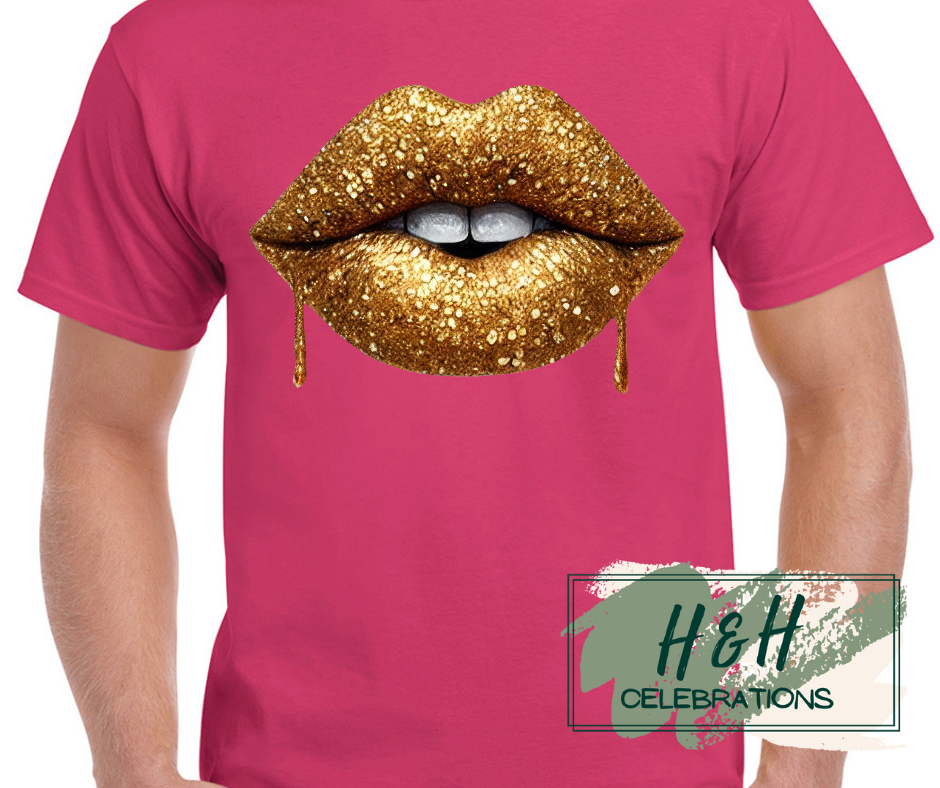 Gold Glitter Lips Womens T-Shirt - 13 Colours
