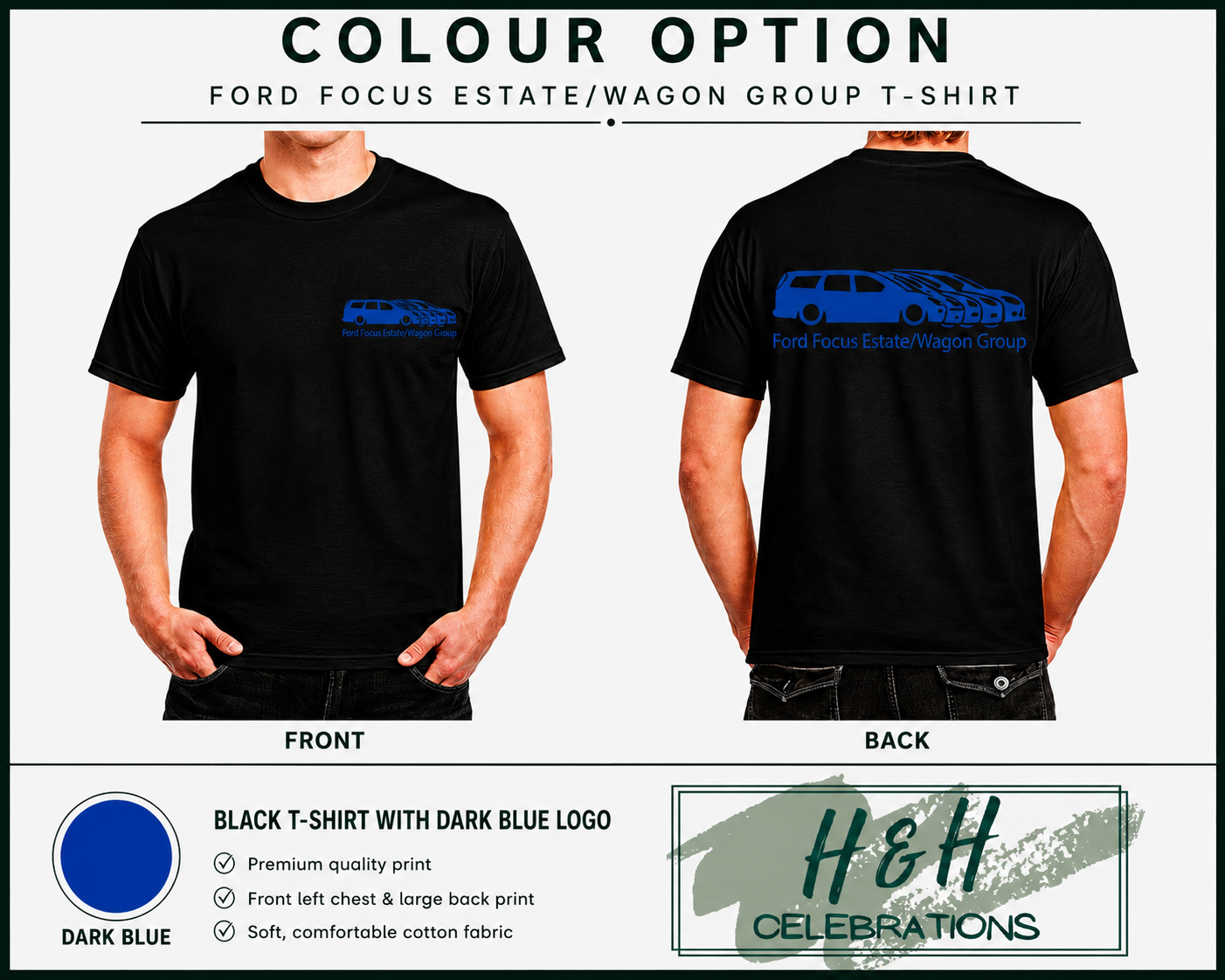 Black t-shirt with dark blue logo displayed on a person, showing front and back views.