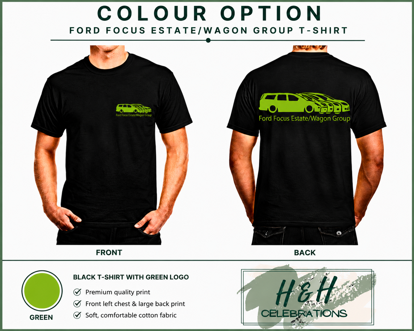 Black t-shirt with green logo on front and back, displayed on a person, with 'H&H Celebrations' branding.