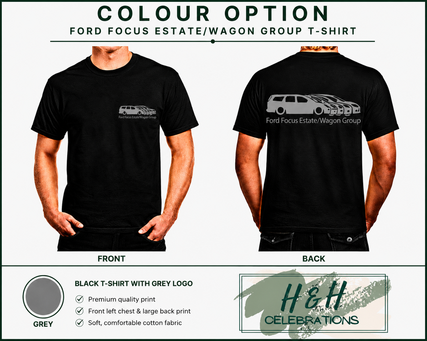 Black t-shirt with gray logo on front and back, featuring Ford Focus Estate/Wagon Group design, displayed on a person.