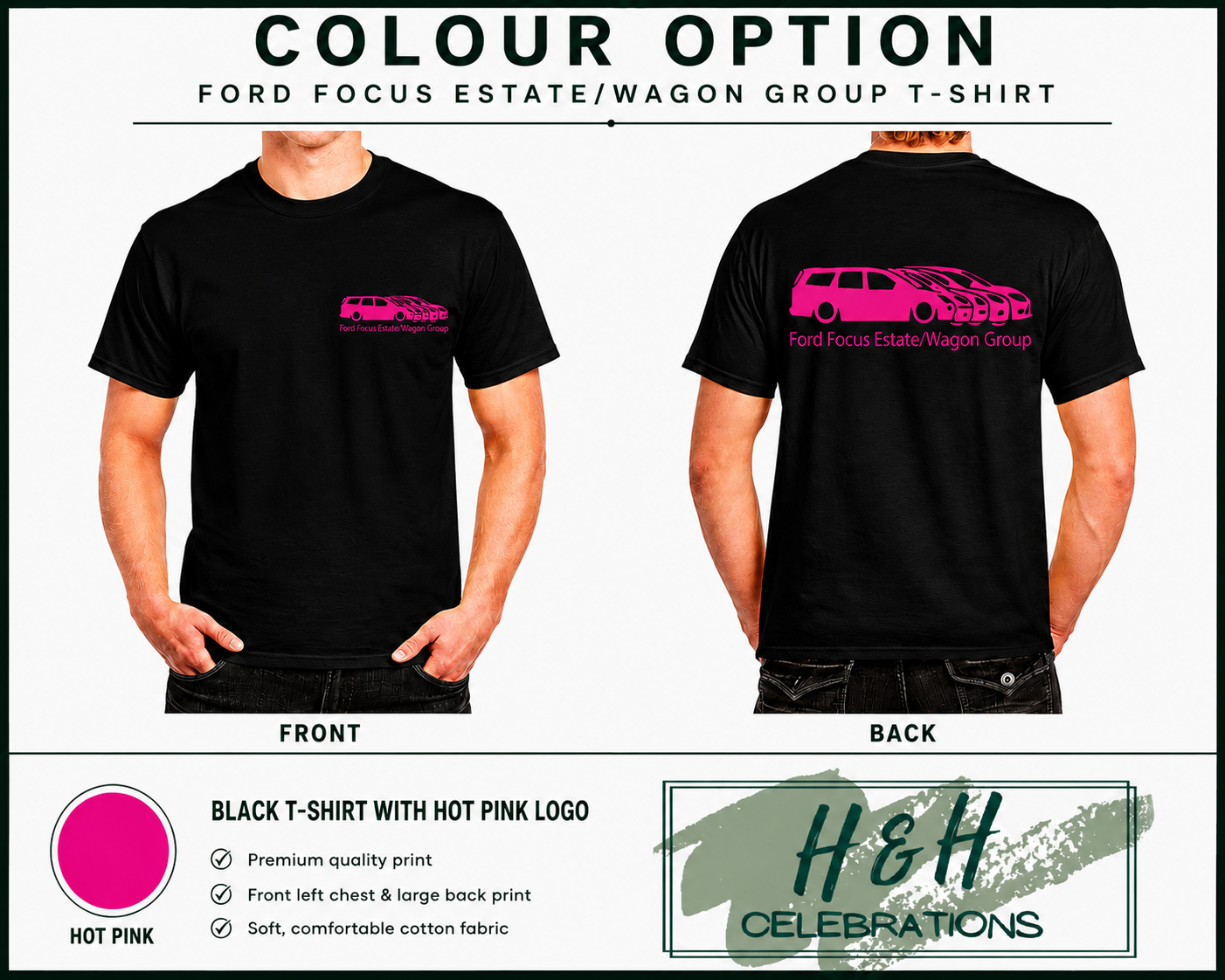 Black t-shirt with hot pink logo on front and back, featuring Ford Focus Estate/Wagon Group branding.