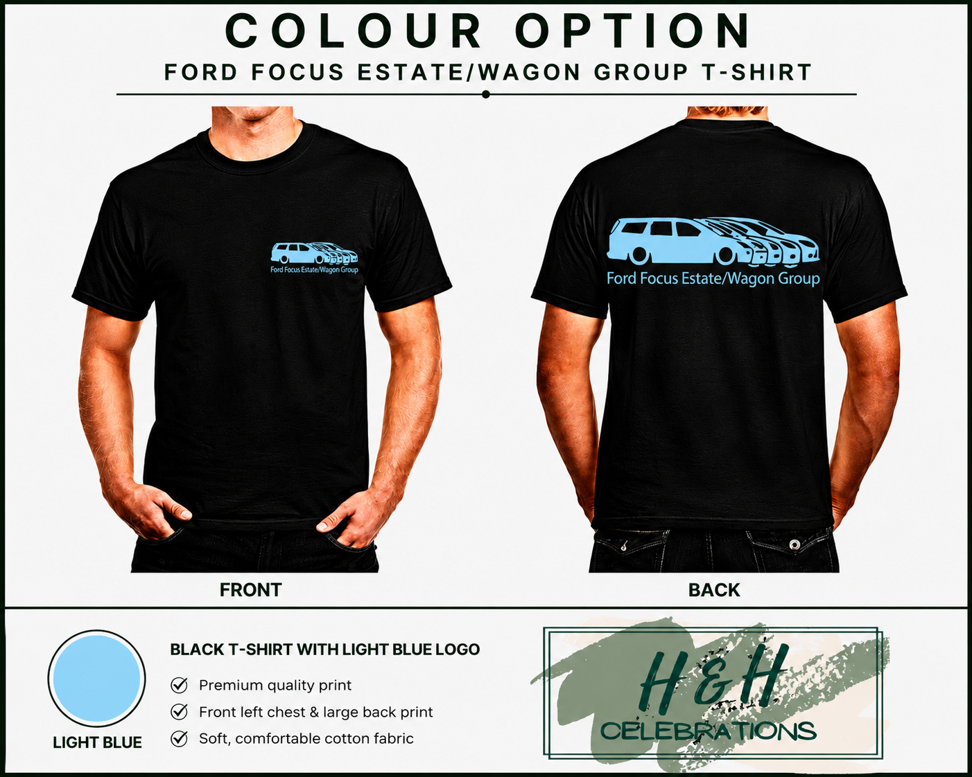 Black t-shirt with light blue logo on front and back, worn by a person, with 'H&H Celebrations' branding.