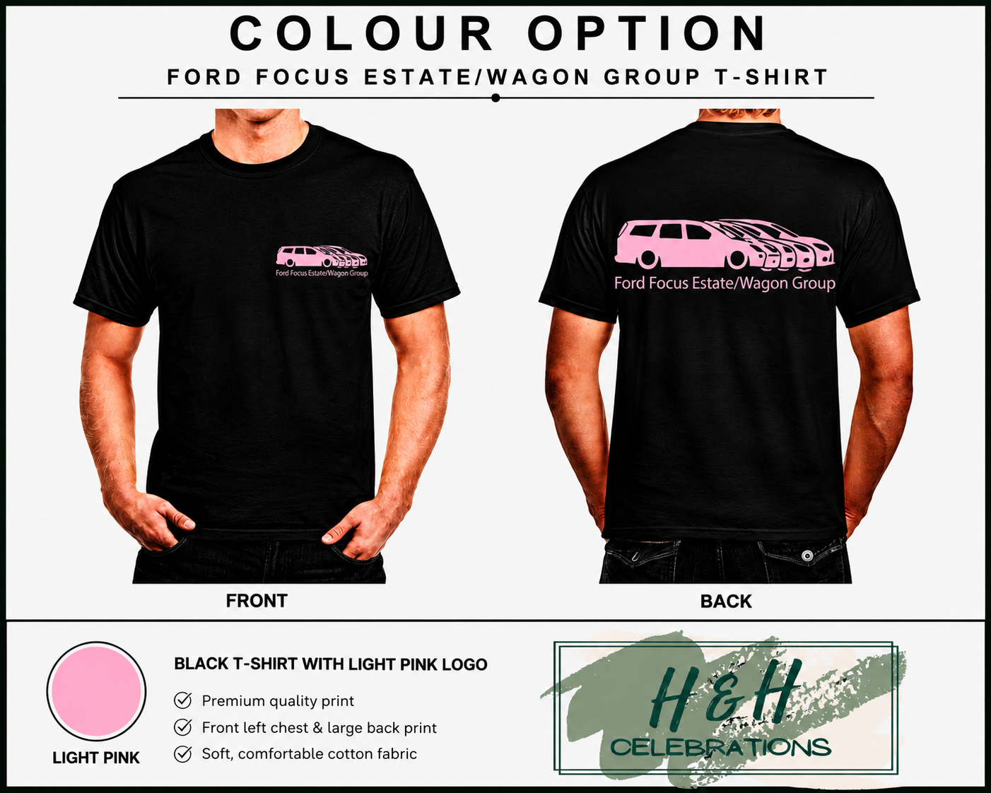 Black t-shirt with light pink logo featuring Ford Focus Estate/Wagon Group on front and back, displayed on a white background.