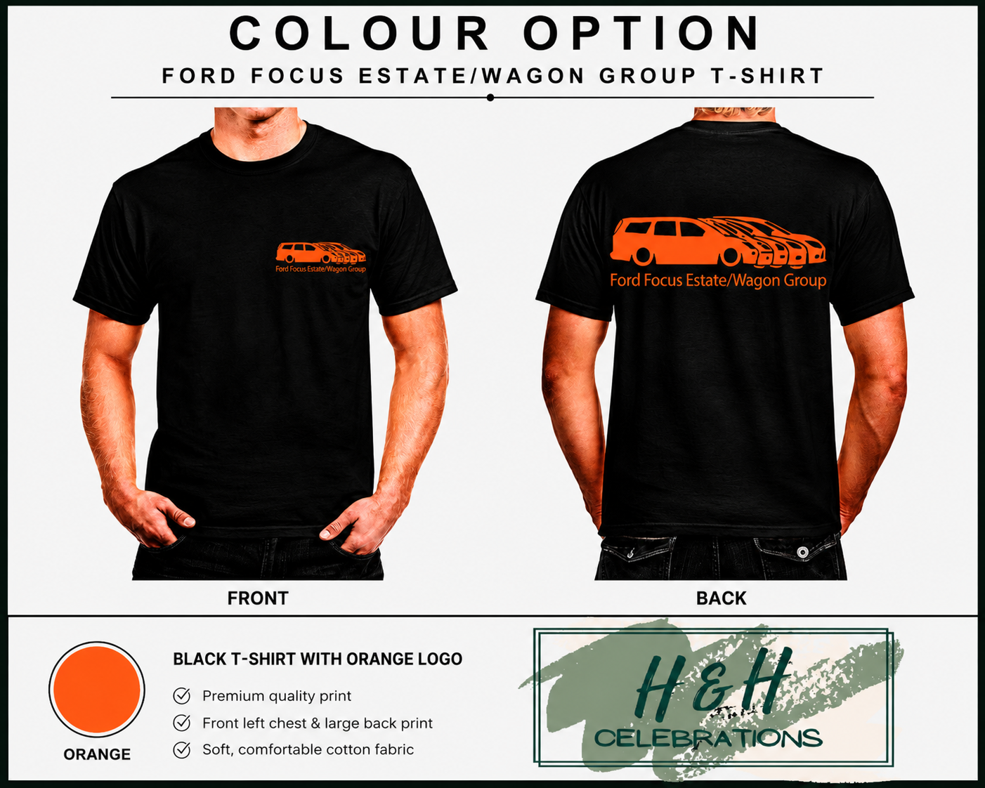 Black t-shirt with orange logo featuring Ford Focus Estate/Wagon Group on front and back, displayed on a mannequin.
