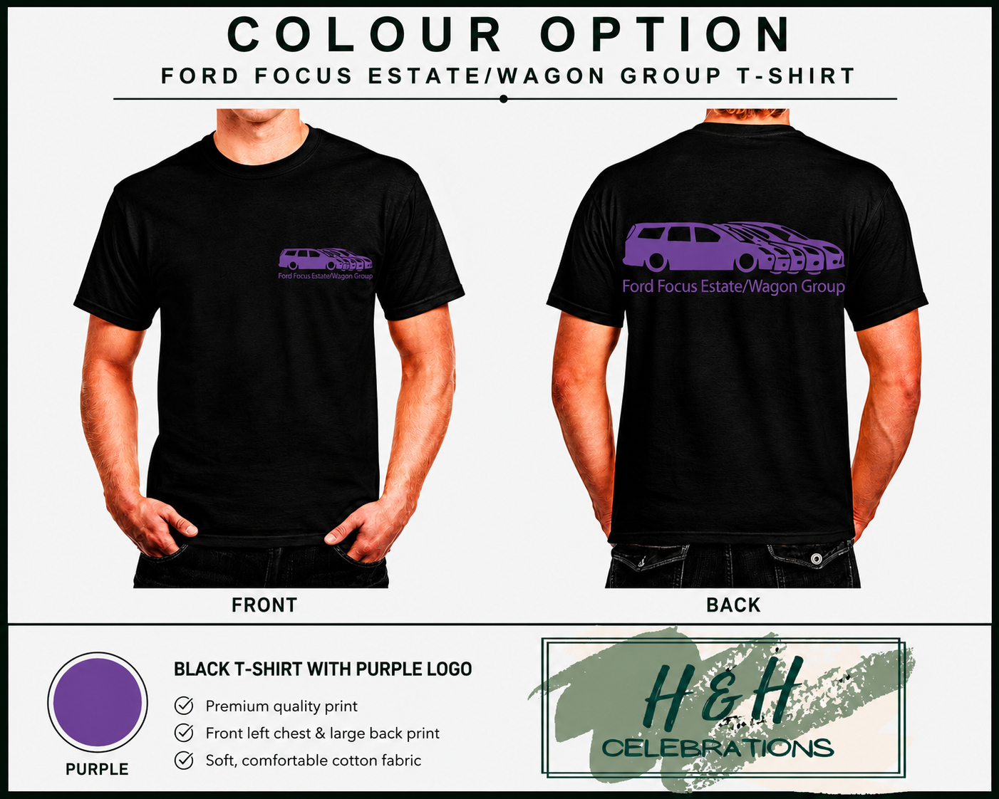 Black t-shirt with purple logo worn by two people, showing front and back views. Brand 'H&H Celebrations' is visible.