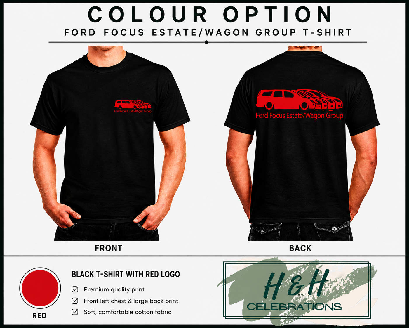 Black t-shirt with red logo on front and back, worn by a person, with 'H&H Celebrations' branding.