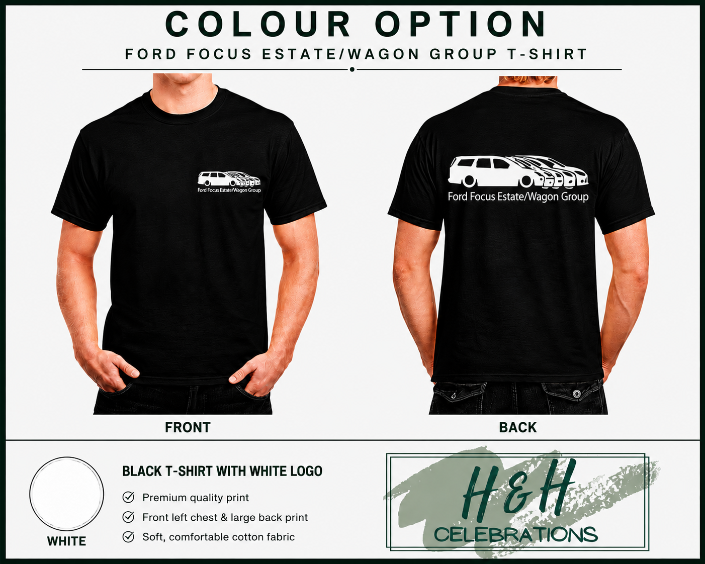Black t-shirt with white logo featuring Ford Focus Estate/Wagon Group design, displayed on a person.