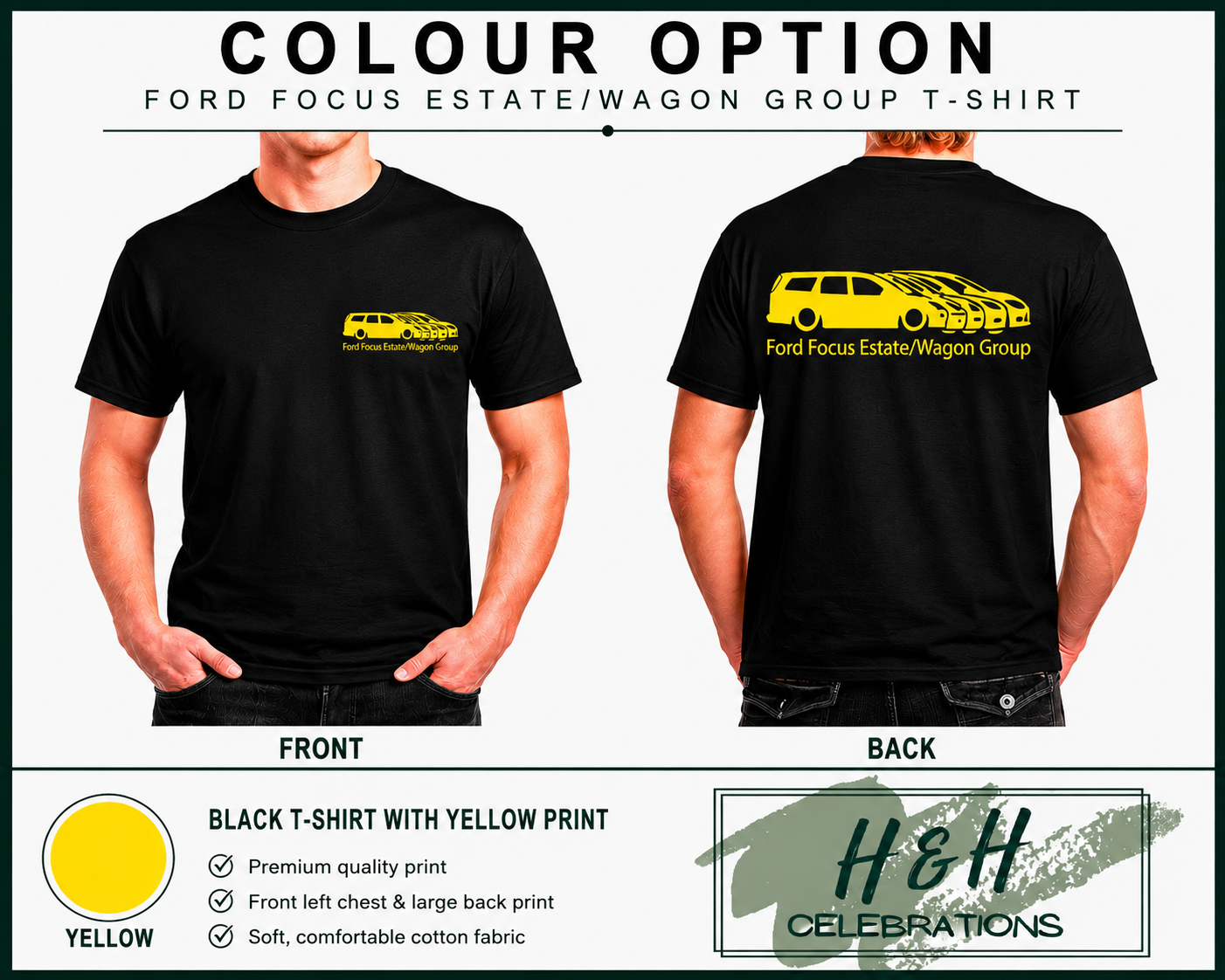 Black t-shirt with yellow print featuring a car design, front and back views, on a white background.