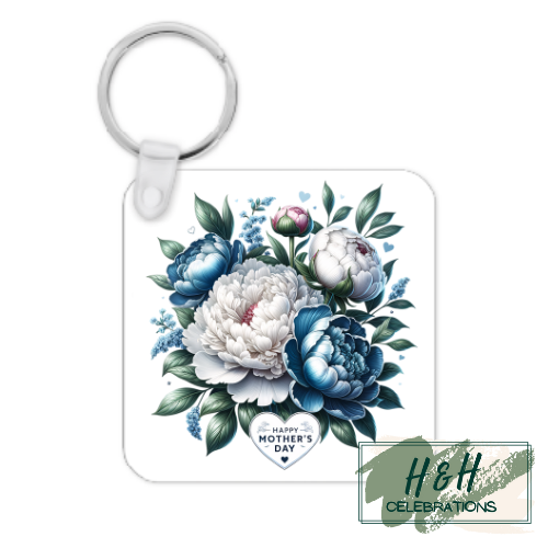 Happy Mother's Day Blue & White Floral MDF Keyring