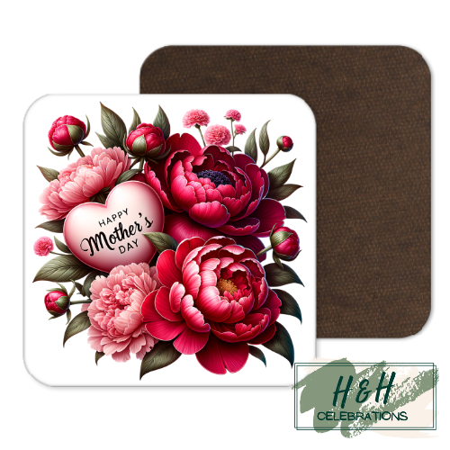 Happy Mother's Day Pink Floral Heart MDF Coaster
