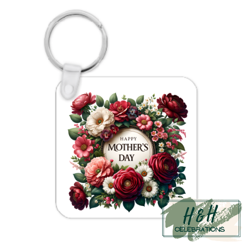Happy Mother's Day Red & White Floral MDF Keyring