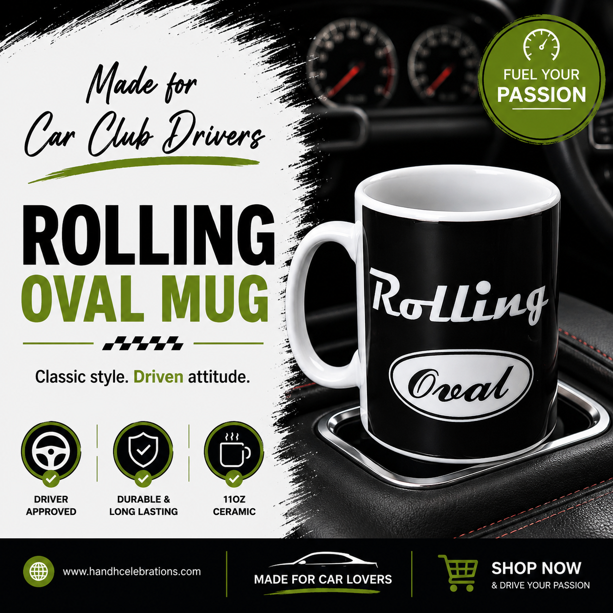 Black mug with 'Rolling Oval' branding on a car dashboard, promotional text, and website URL.