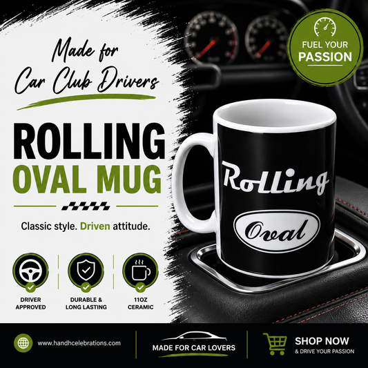Black mug with 'Rolling Oval' branding on a car dashboard, promotional text, and website URL.