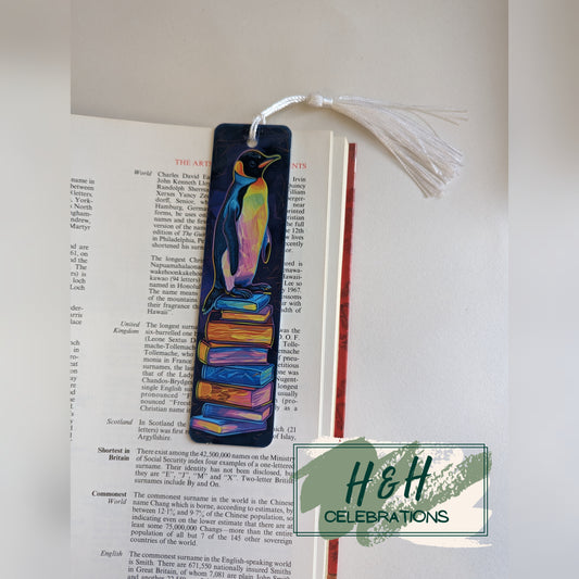 Neon Penguin On Stack Of Books Bookmark