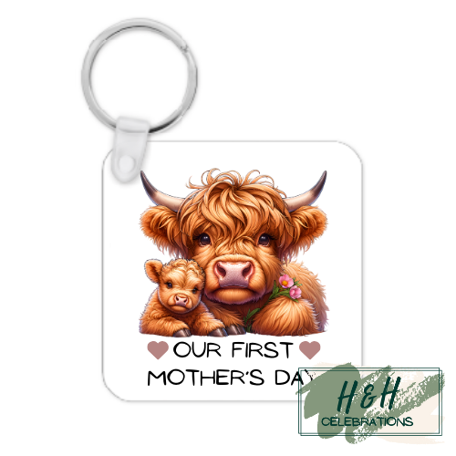 Our First Mother's Day Highland Cow MDF Keyring
