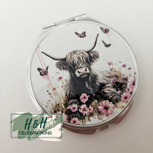 Pink Floral Highland Cow Compact Mirror