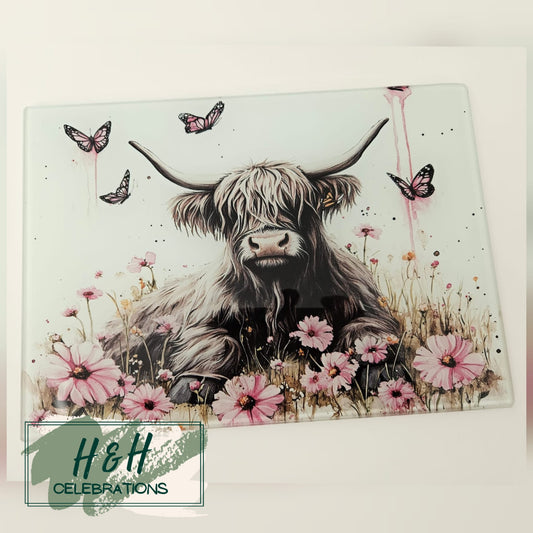 Pink Floral Highland Cow Glass Chopping Board
