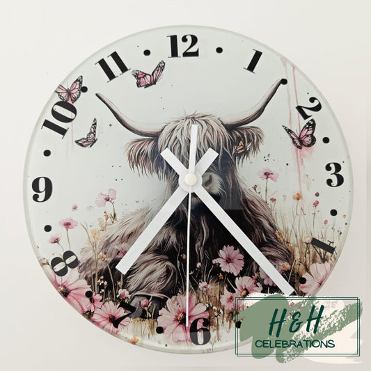 Pink Floral Highland Cow Glass Clock