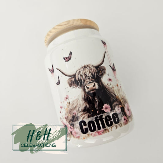 Pink Floral Highland Cow Ceramic Storage Jars