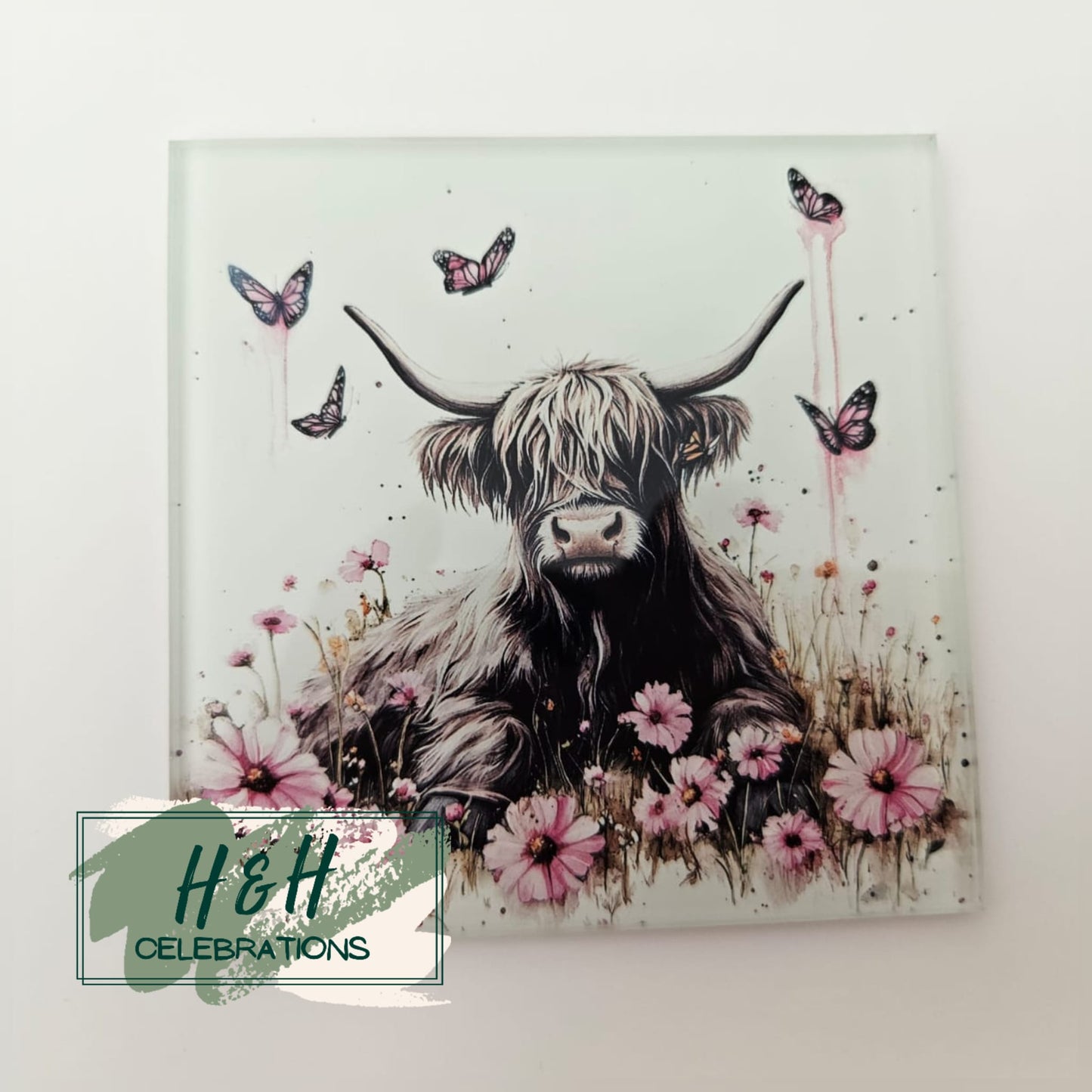 Pink Floral Highland Cow Glass Coasters