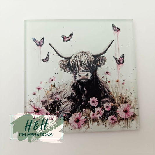 Pink Floral Highland Cow Glass Coasters