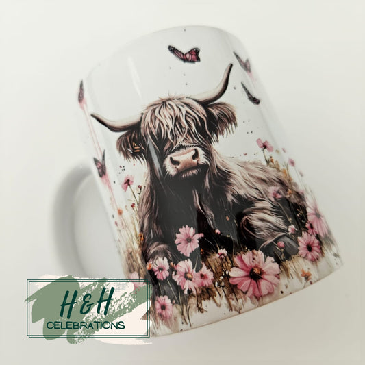 Pink Floral Highland Cow Ceramic Mugs