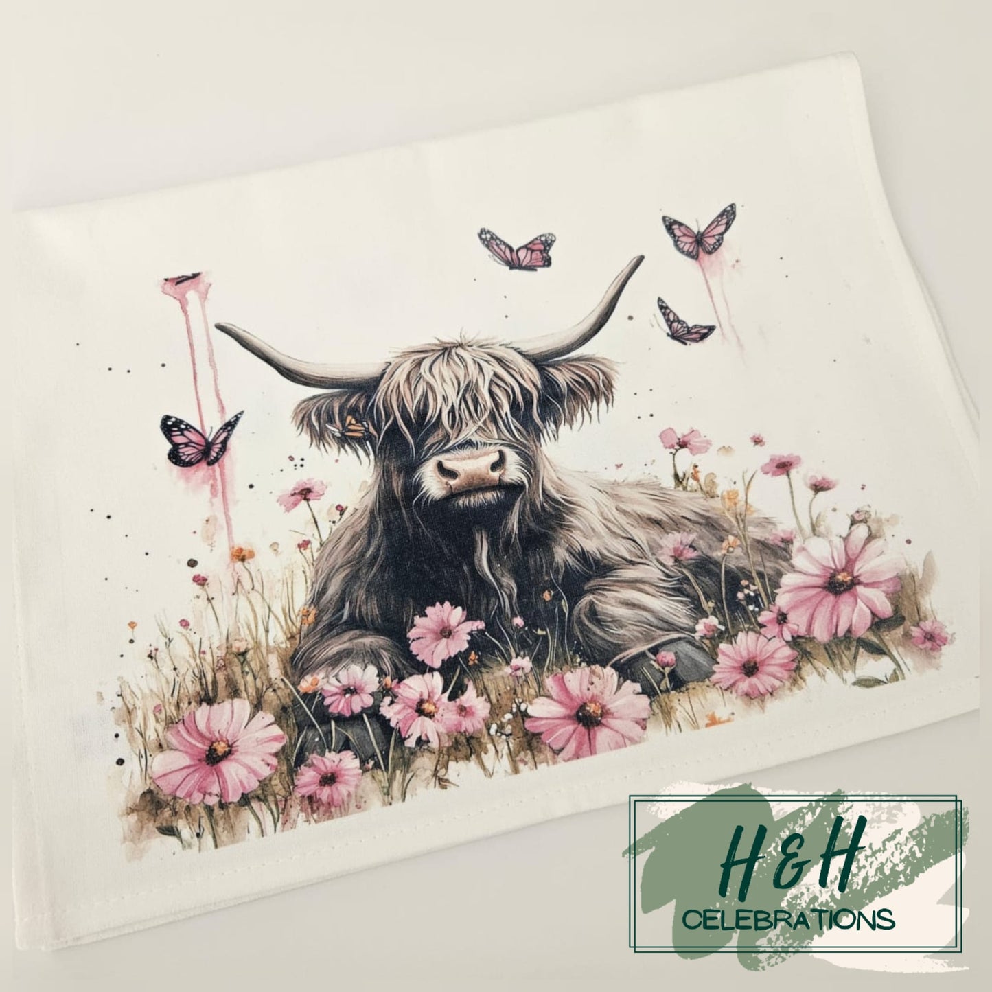 Pink Floral Highland Cow Tea Towel