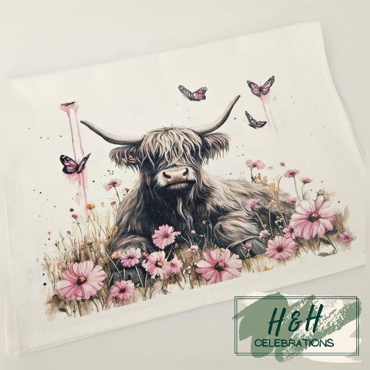 Pink Floral Highland Cow Tea Towel
