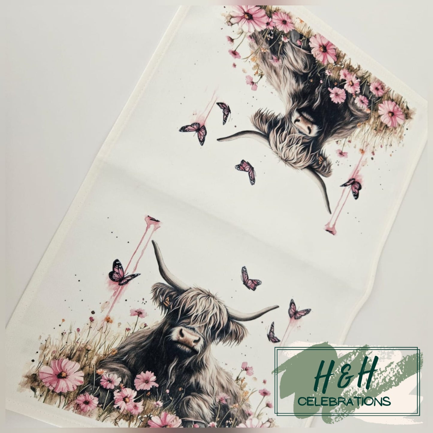 Pink Floral Highland Cow Tea Towel