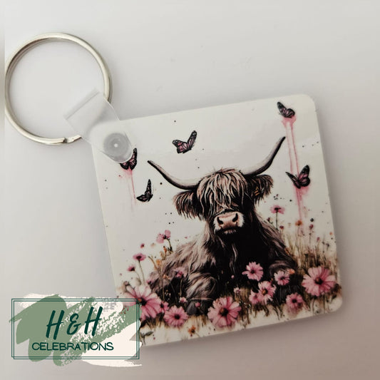 Pink Floral Highland Cow MDF Keyring