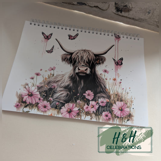 Pink Floral Highland Cow Notebook Planner