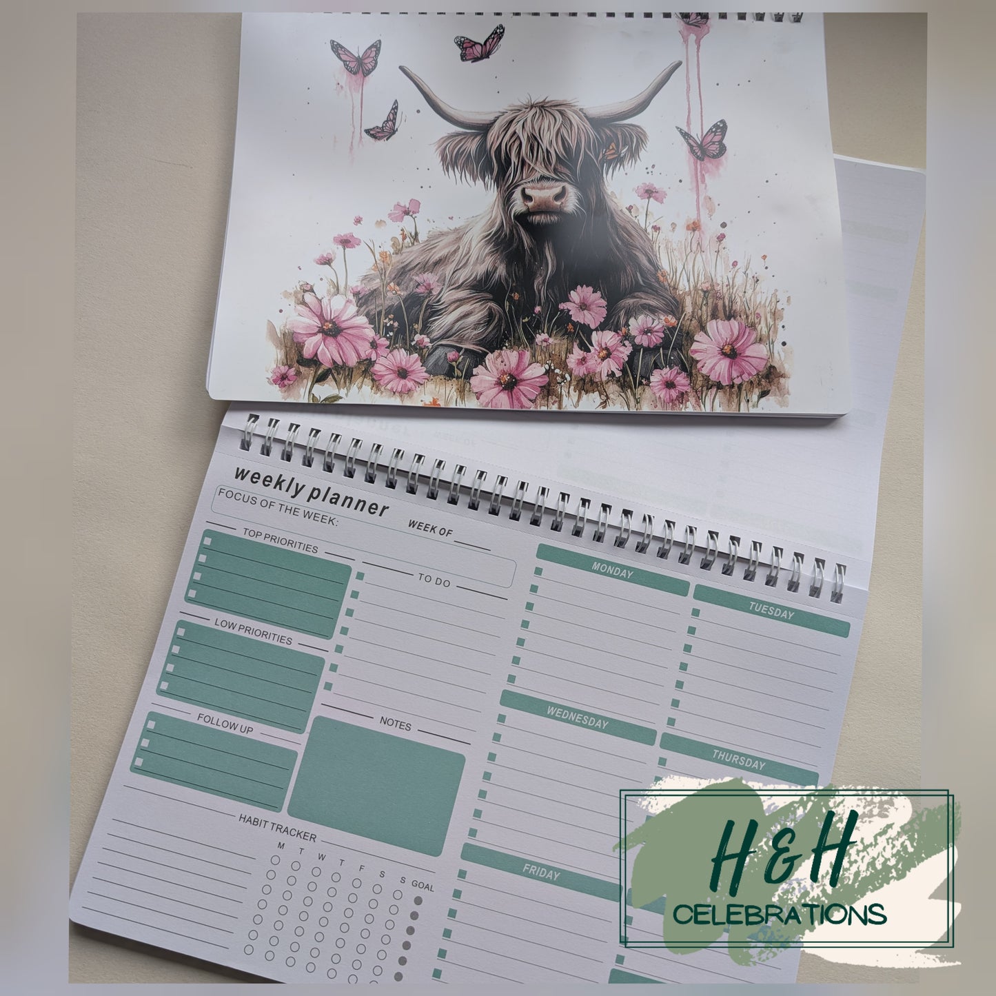Pink Floral Highland Cow Notebook Planner